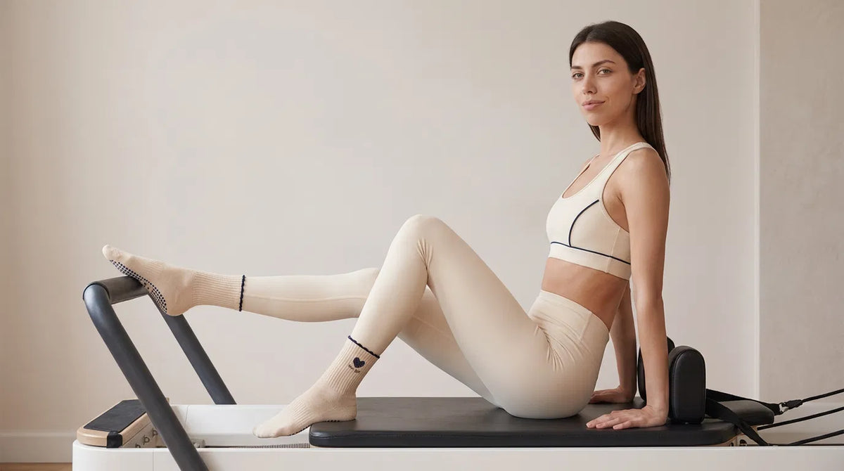 Una chica sentada en un reformer de Pilates con calcetines barna flow color crema