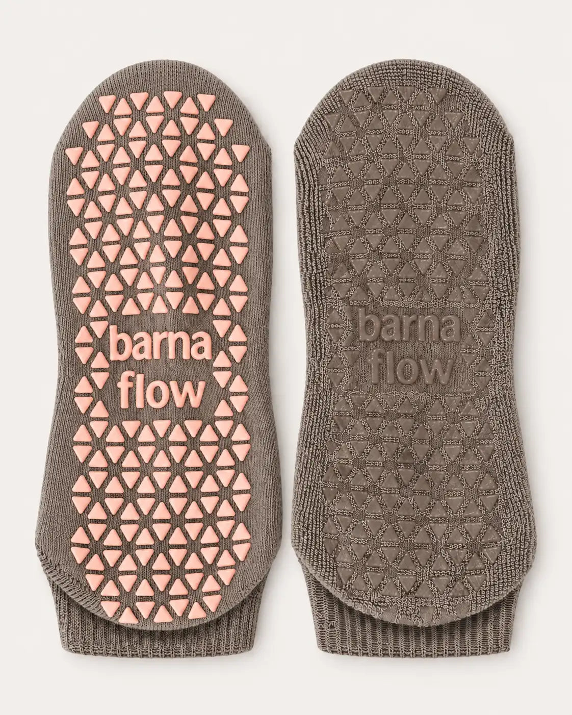 Coffee, Pilates & Self-Care Grip Socks laid flat: the floor grip on one sock, the other turned inside out to show the Double-Lock™ inner grip