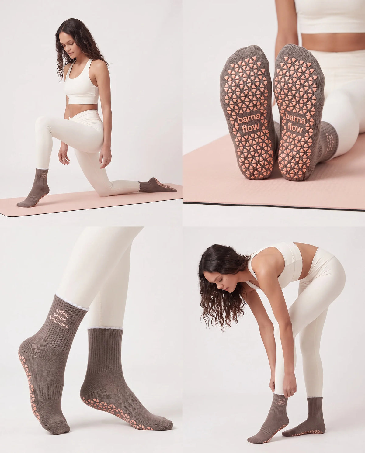 Überkreuzte Beine in Ballet Pink barna flow Anti-Rutsch-Socken, eine Sohle zeigt den Grip